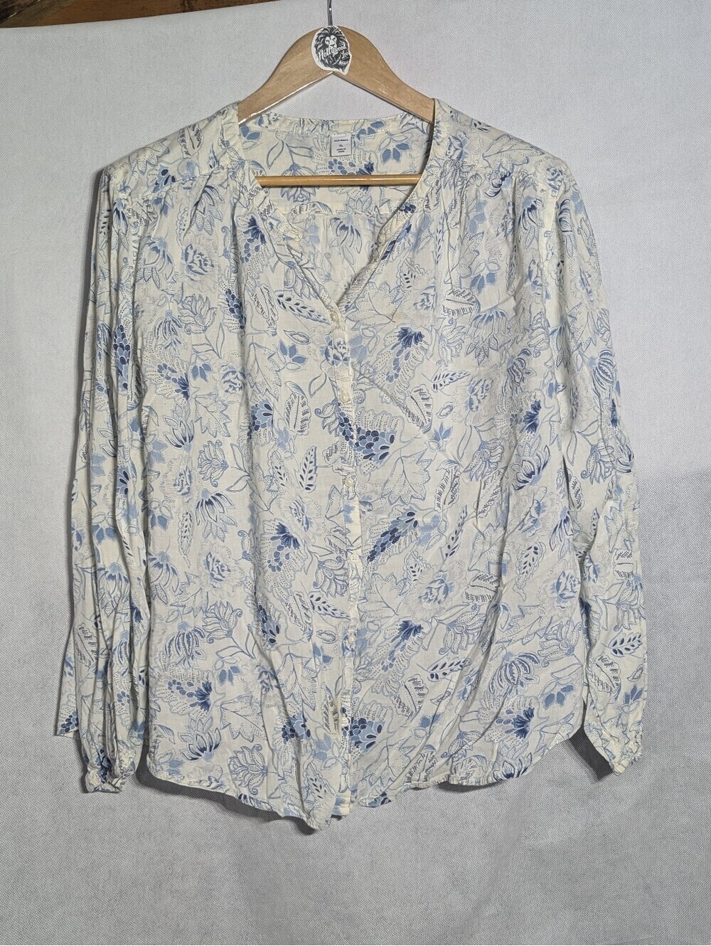 Old Navy Blue White Floral Boho Blouse XL Cotton Rayon Top